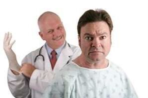 The doctor conducts a digital examination of the patient's prostate before prescribing treatment for prostatitis